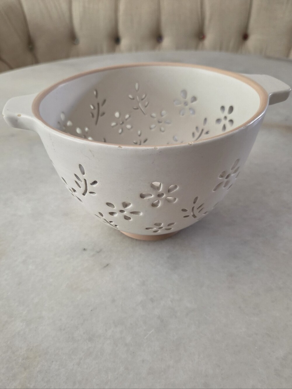 White Ceramic Floral-Colander Bowl with Handles